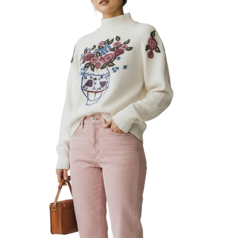 Vintage 80s White Floral Vase Intarsia Sweater Cottagecore Size M